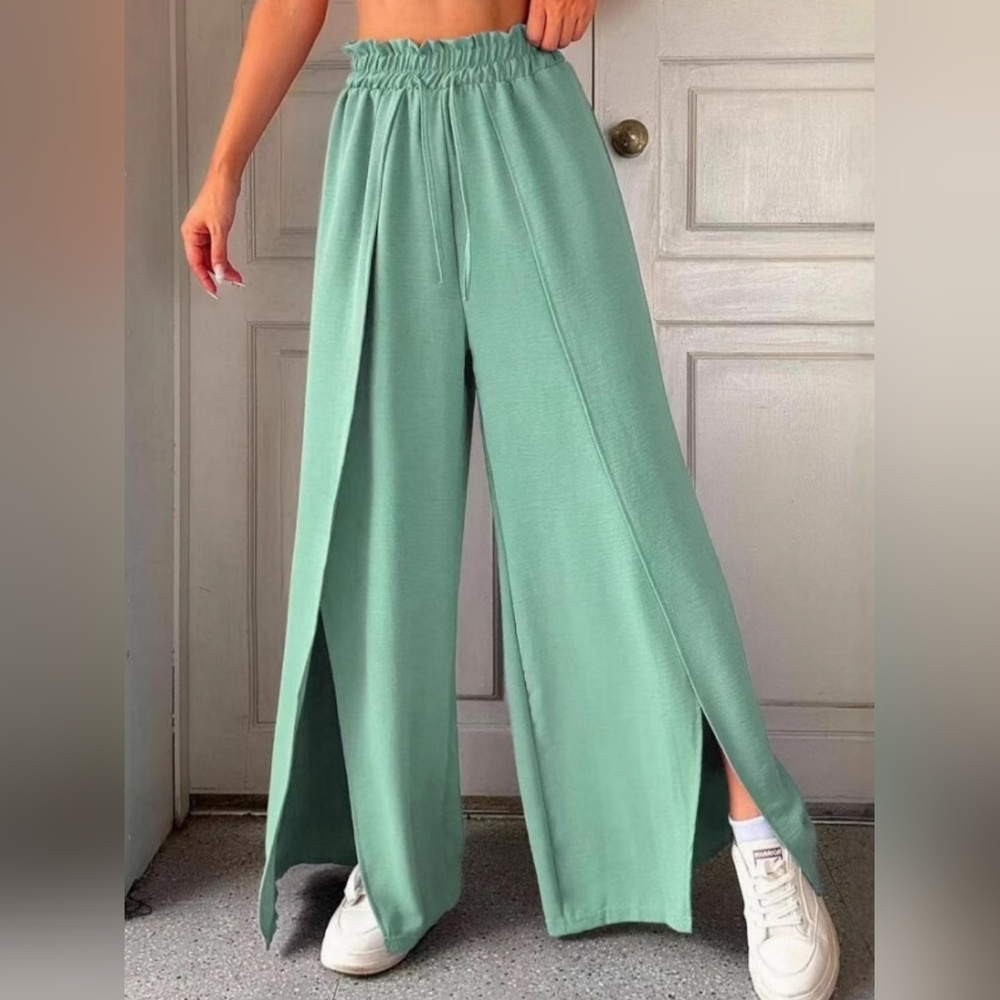 Elegant Green Full-Size Slit Wide-Leg Pants